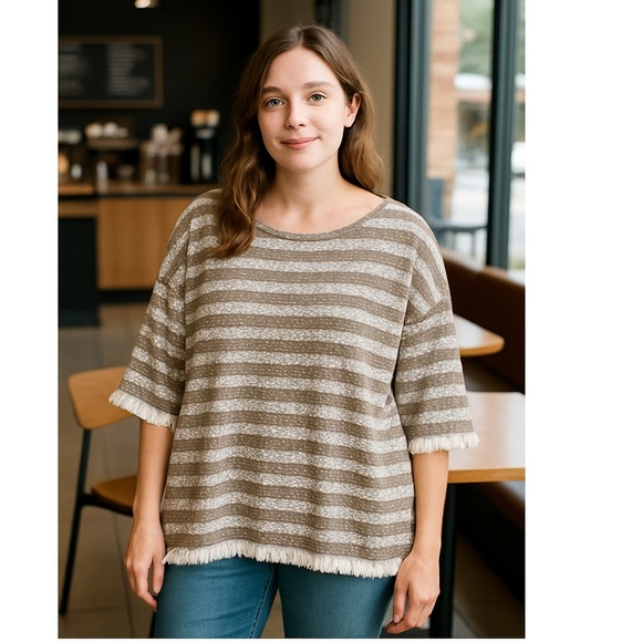 Umgee Heathered Striped Knit Bell Sleeve Round Neck Top 1X Tan & Cream Boho - Picture 1 of 7